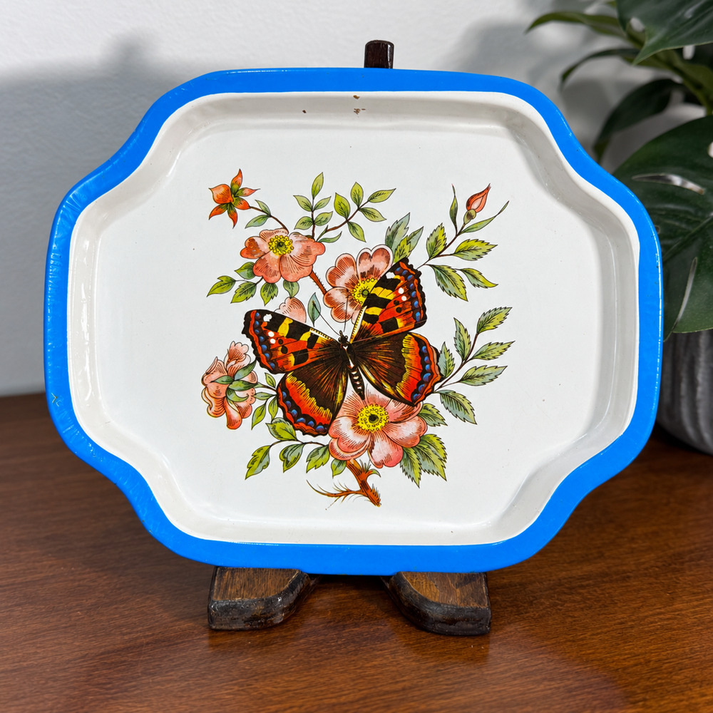 Vintage Metal Butterfly Floral Serving Tray Blue Scalloped Edge Hong Kong 7.5"